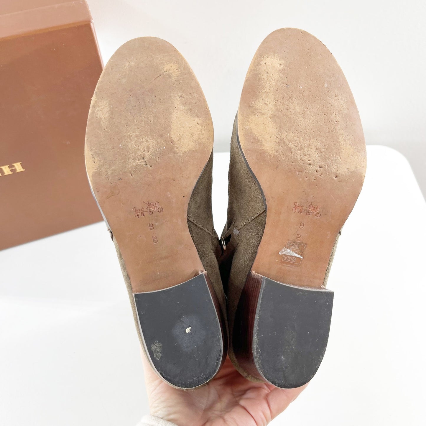 Coach Paulina Block Stacked Heel Suede Ankle Boots Booties Fatigue Chestnut 9