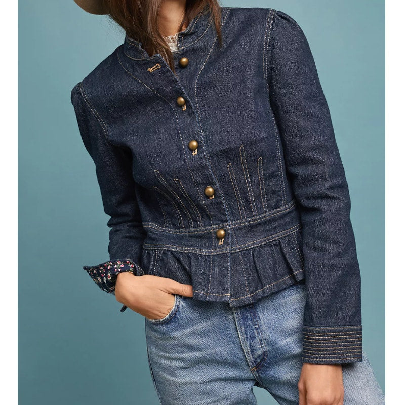 Pilcro and the Letterpress Anthropologie Peplum Military Jean Jacket Blue Small