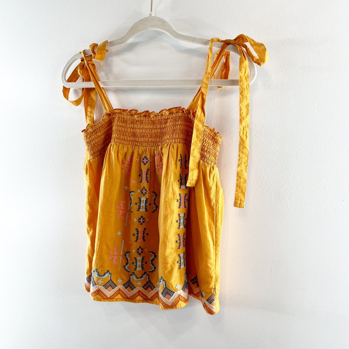 Anthropologie Tie Strap Embroidered Square Neck Tank Top Yellow XS