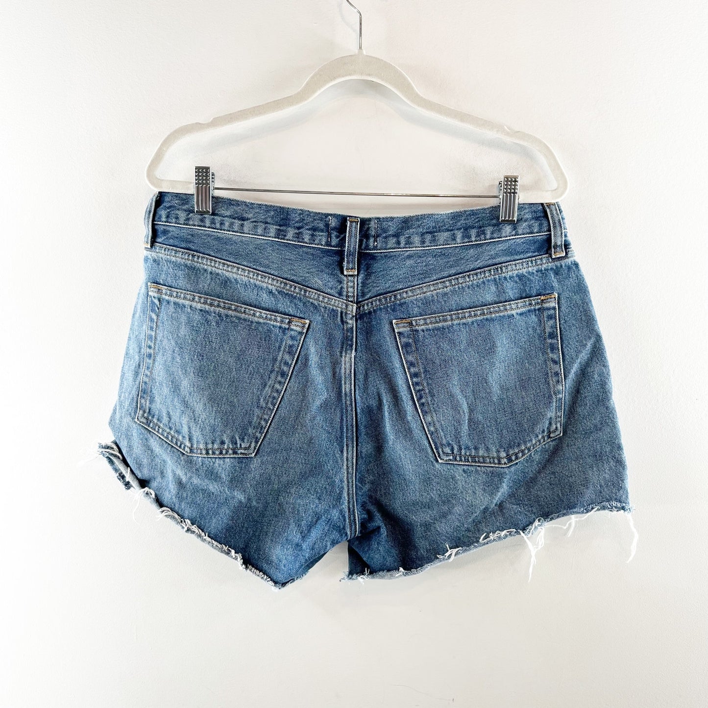 AGOLDE High Rise Button Fly Cutoff Parker Long Jean Denim Shorts Blue 31