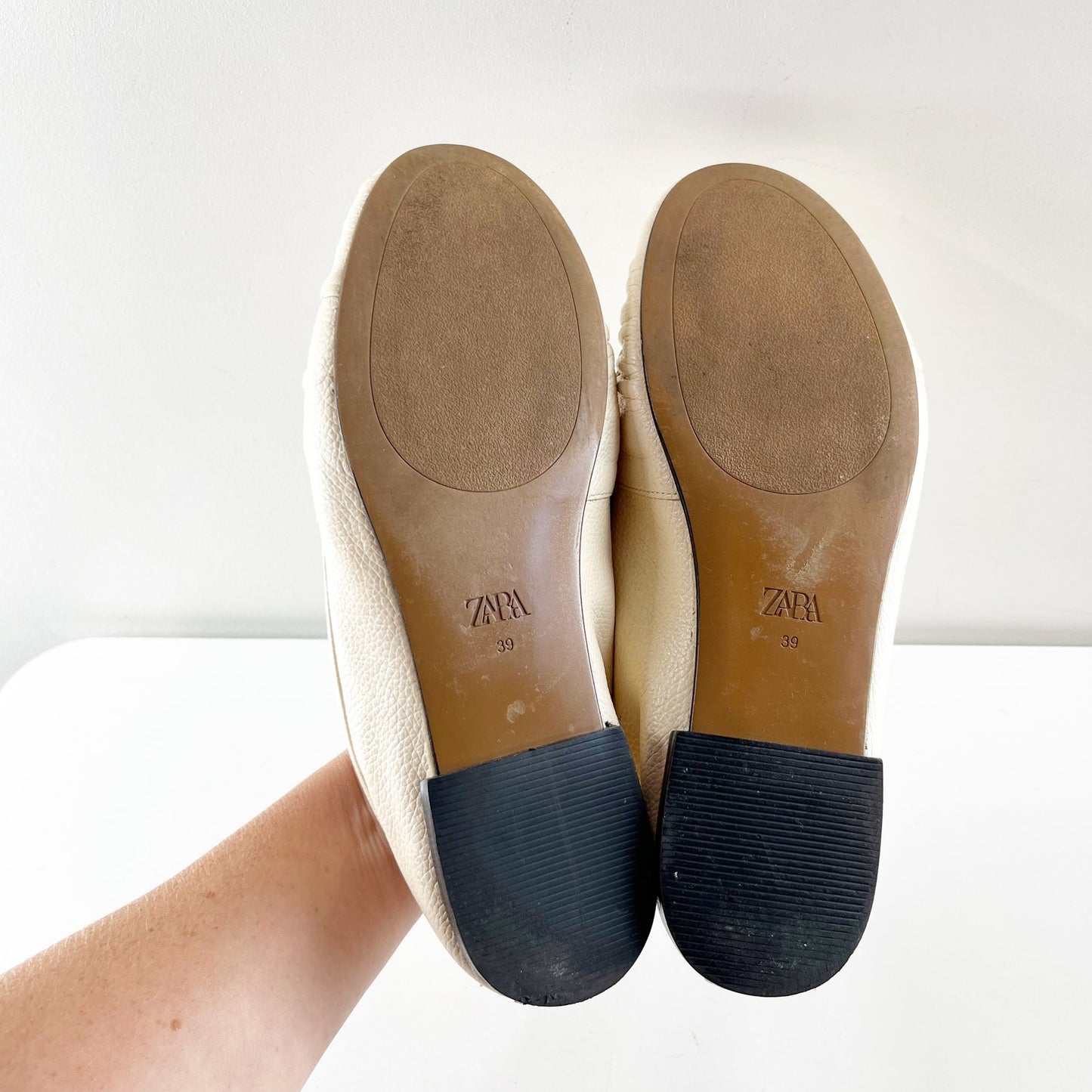 Zara Ruched Leather Slip On Penny Loafers Flat Cream 39 US 8.5