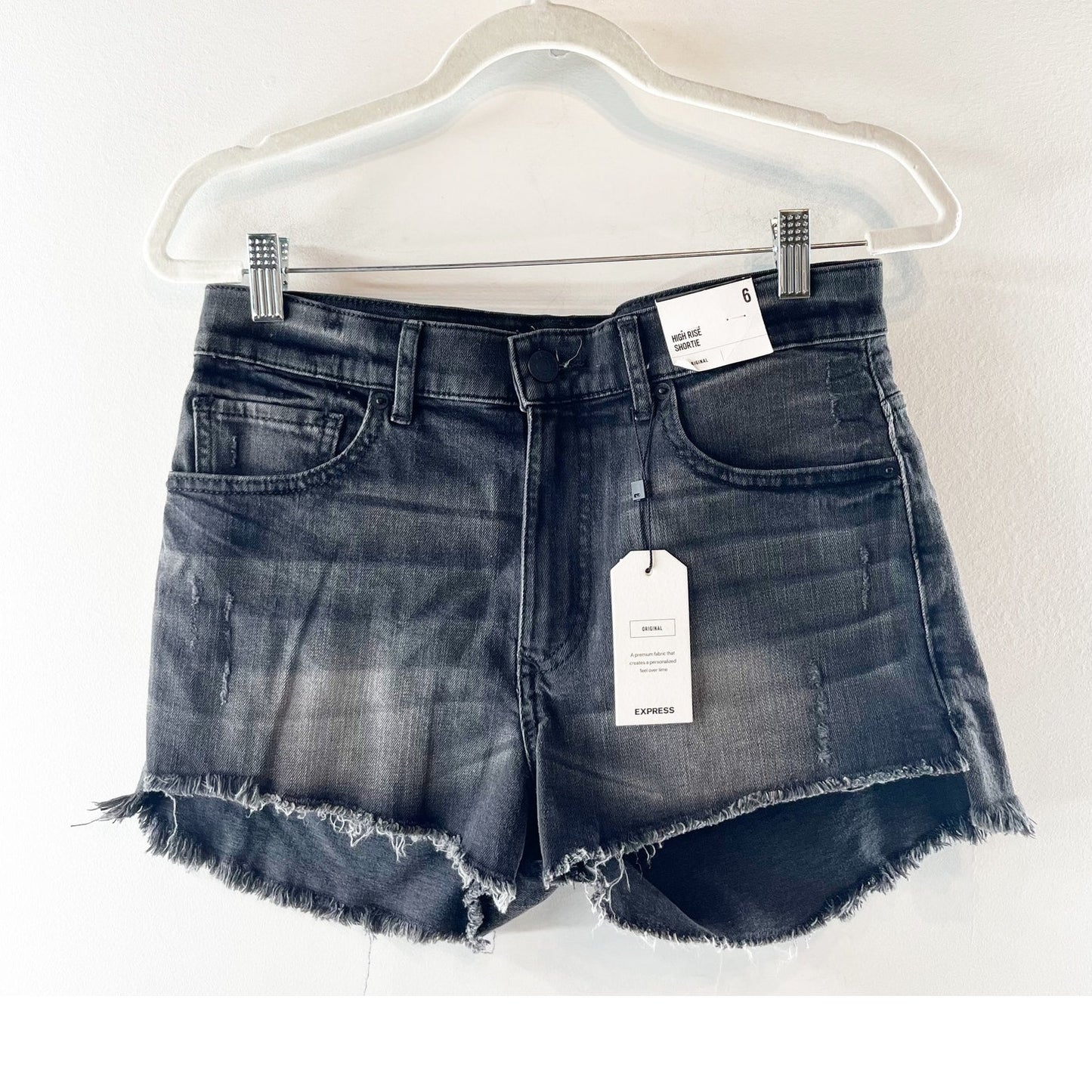 Express High Waisted Distressed Frayed Hem Denim Jean Shorts Black Acid Wash 6