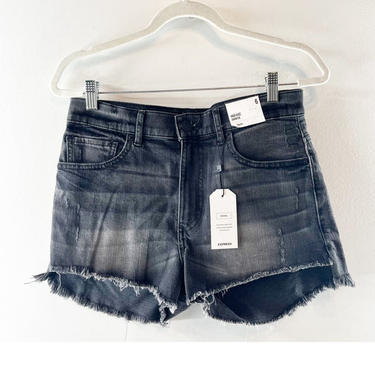 Express High Waisted Distressed Frayed Hem Denim Jean Shorts Black Acid Wash 6