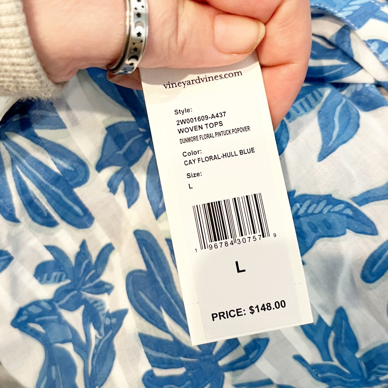 Vineyard Vines Dunmore Pintuck Popover Floral Long Sleeve Blouse Blue Top Large