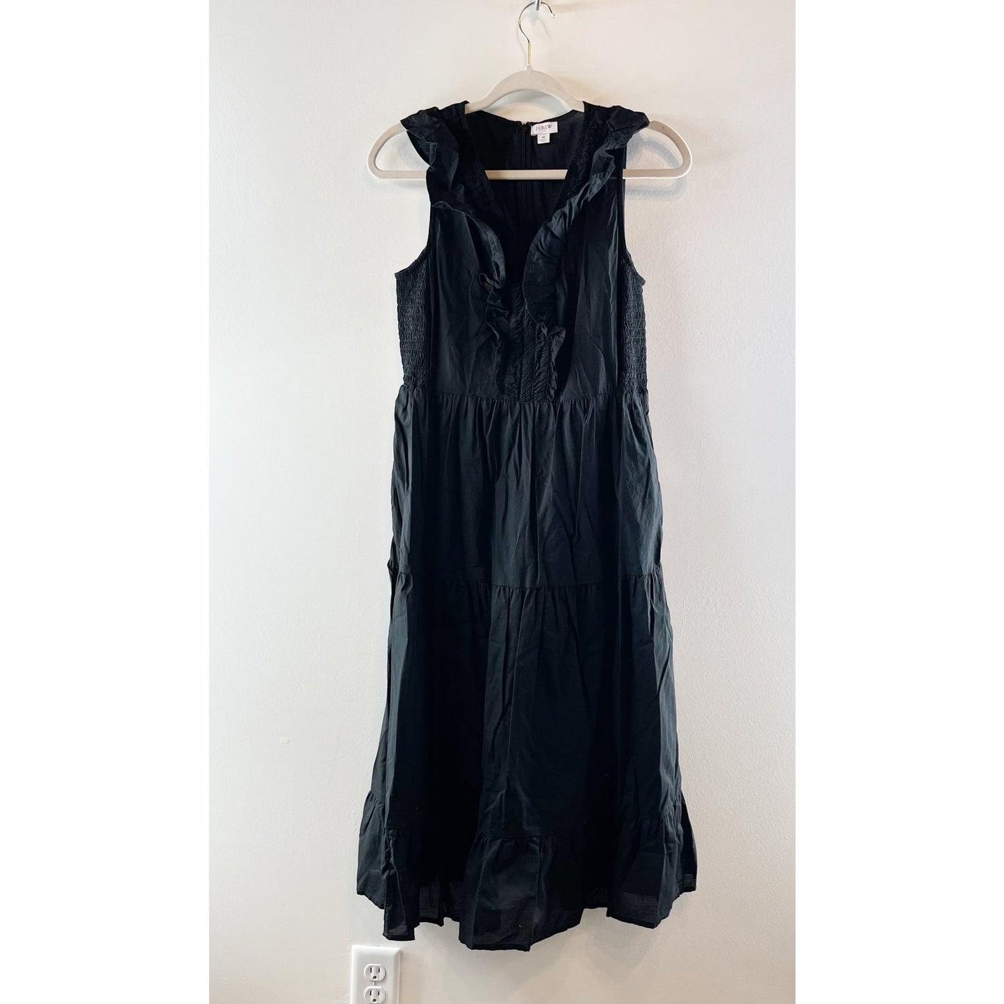 J. Crew V Neck Smocked Ruffle Sleeveless Cotton Midi Dress Black 6