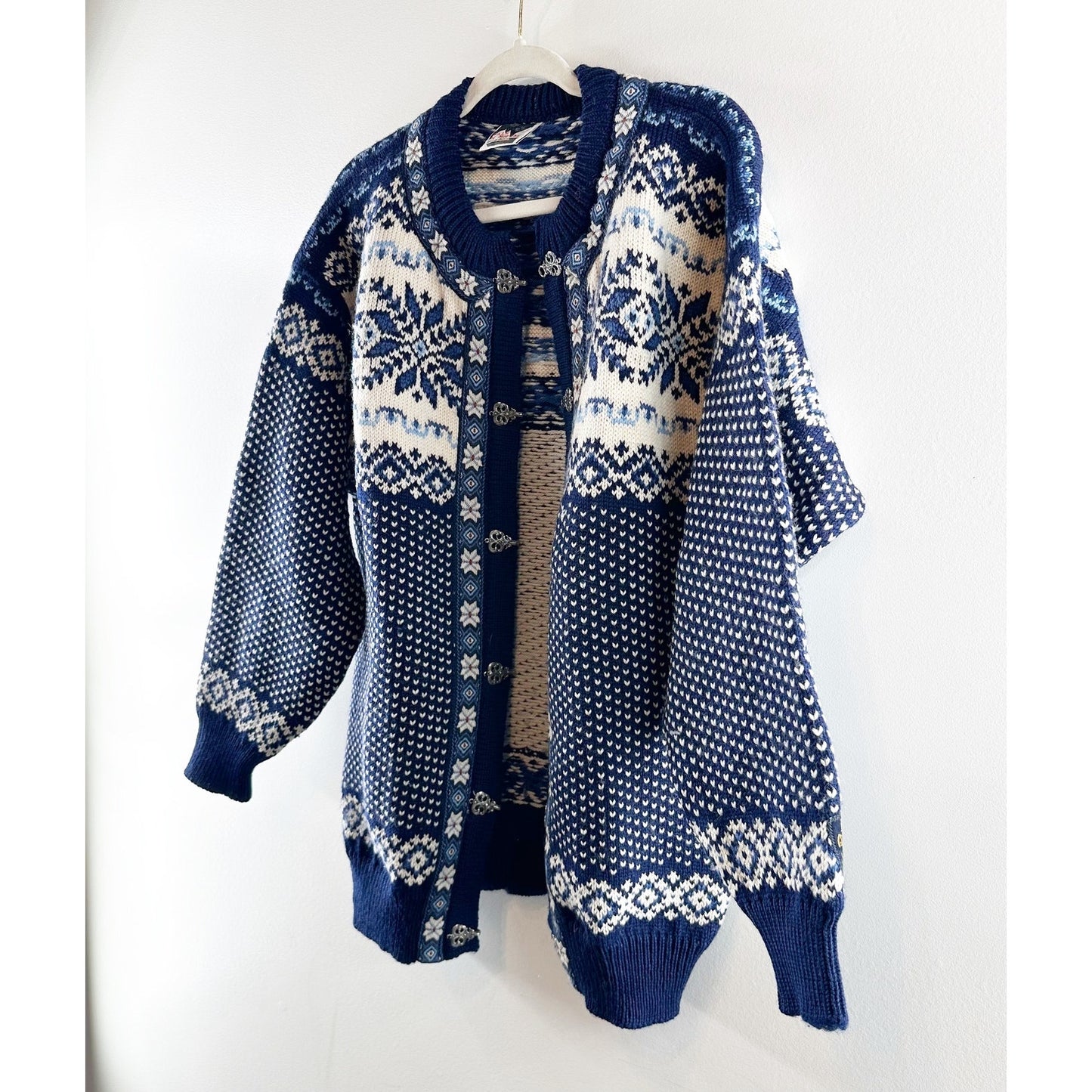 Dale of Norway Wool Fair Isle Long Cardigan Sweater Blue White Large