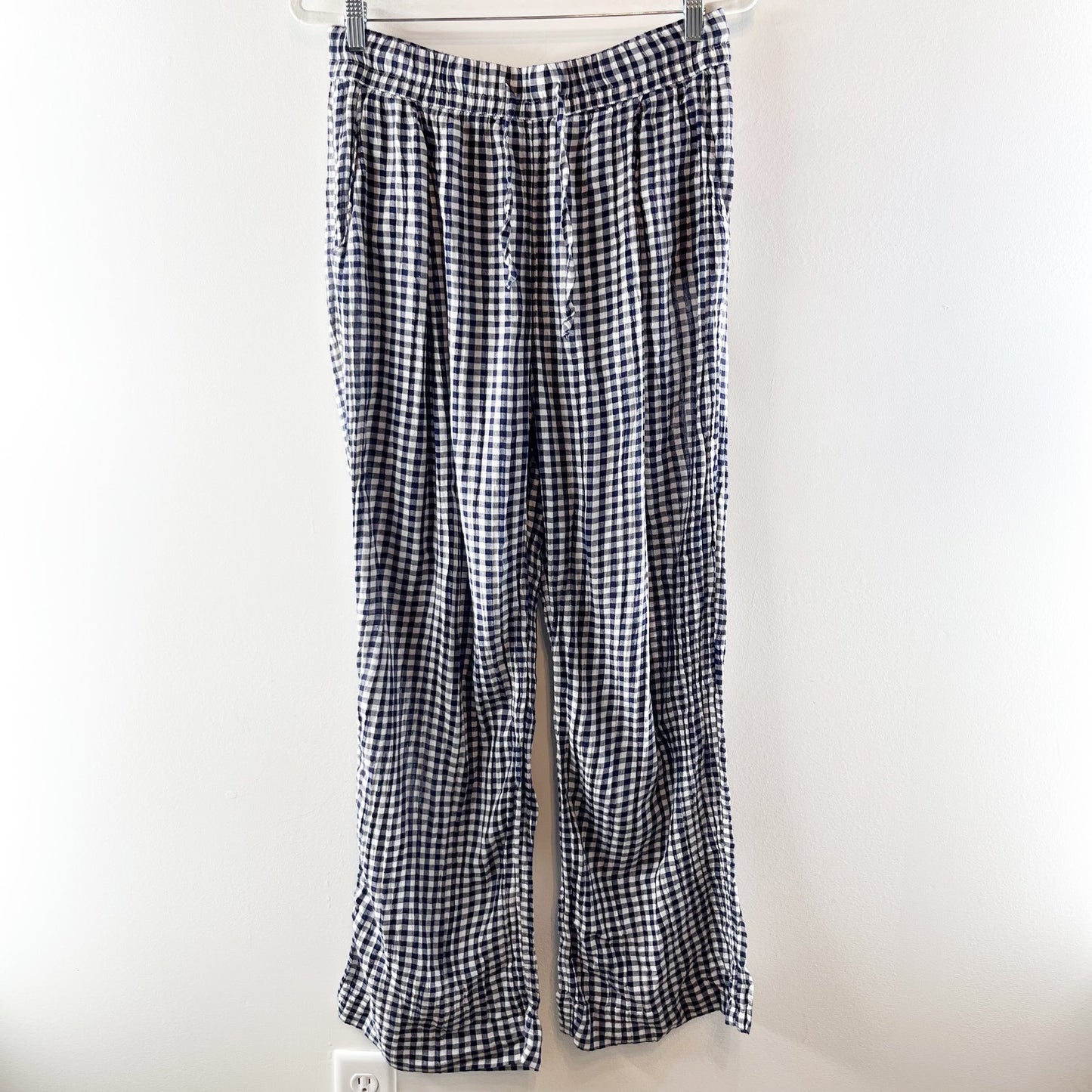 GAP High Rise Crinkle Wide Leg Gingham Pants White Blue XL