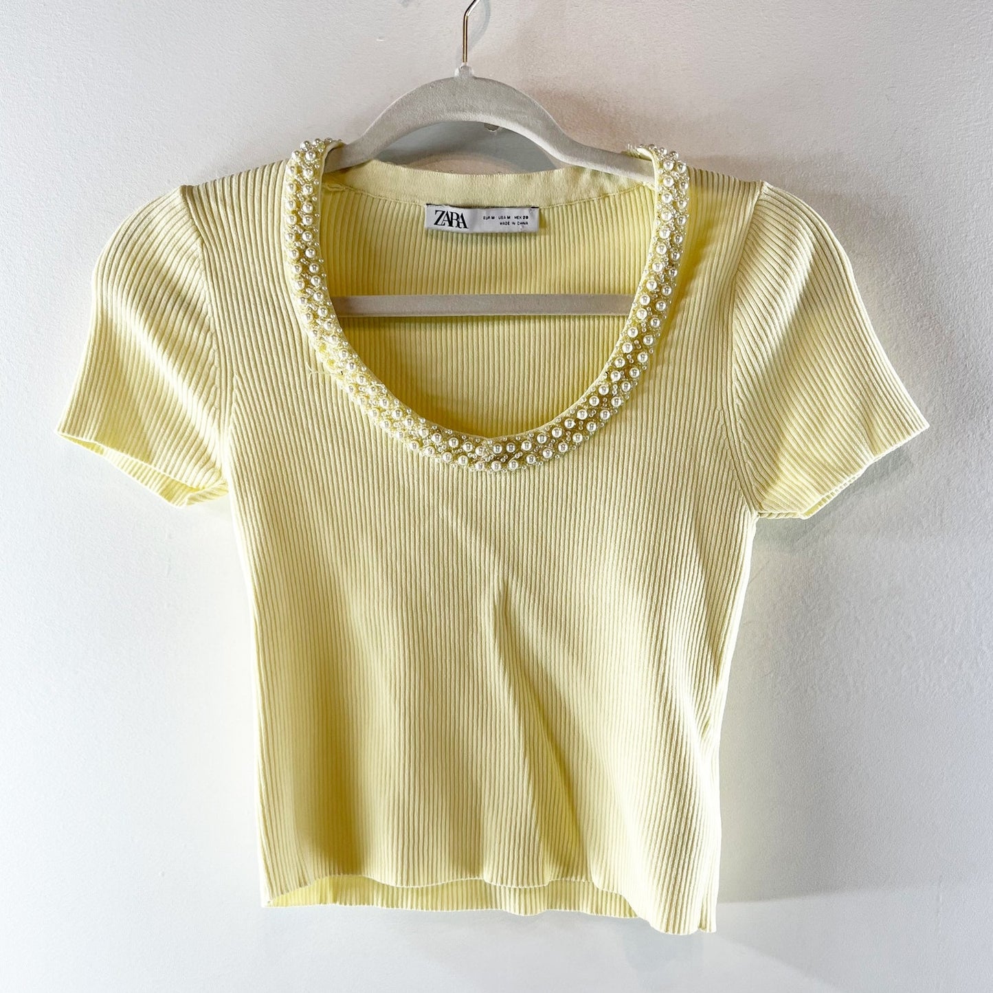 ZARA Pearl Beaded Scoopneck Ribbed Short Sleeve Baby Tee Top Yellow Medium
