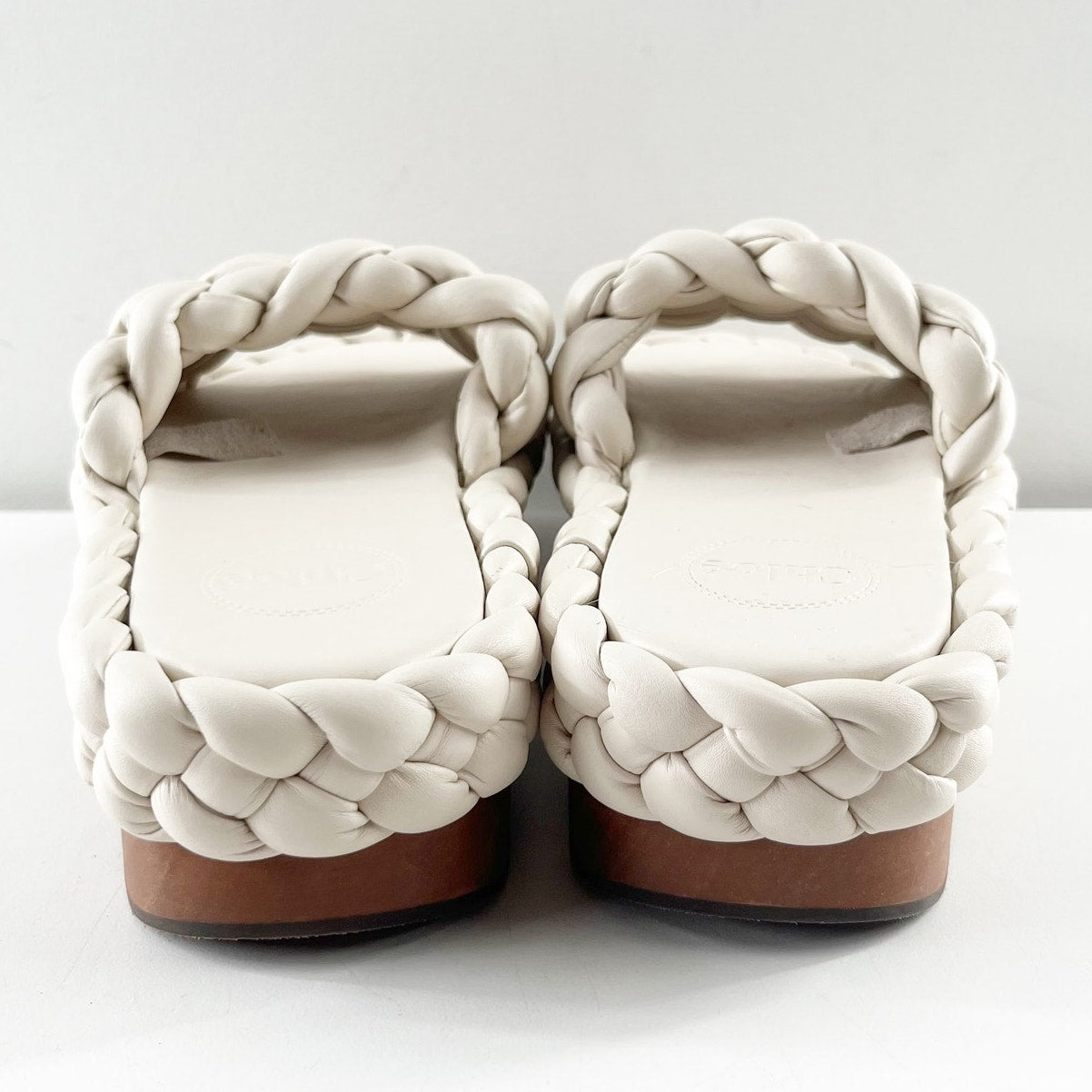 Chloe Wavy Braided Leather Platform Slide Sandals Cream White 39 / US 9