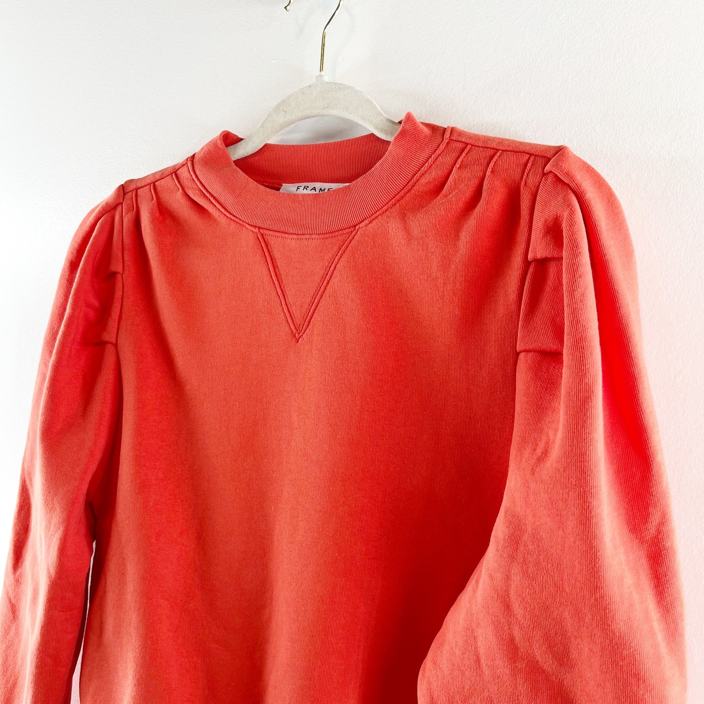 Frame Cotton Blend Shirred Puff Sleeve Crew Neck Pullover Sweatshirt Orange M