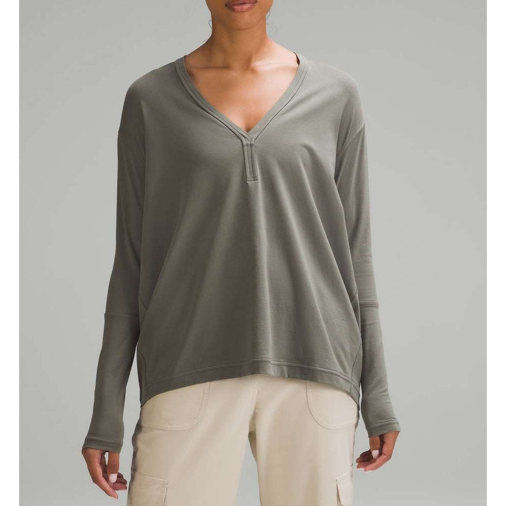 Lululemon Back In Action V-Neck Long-Sleeve Shirt Grey Sage Medium