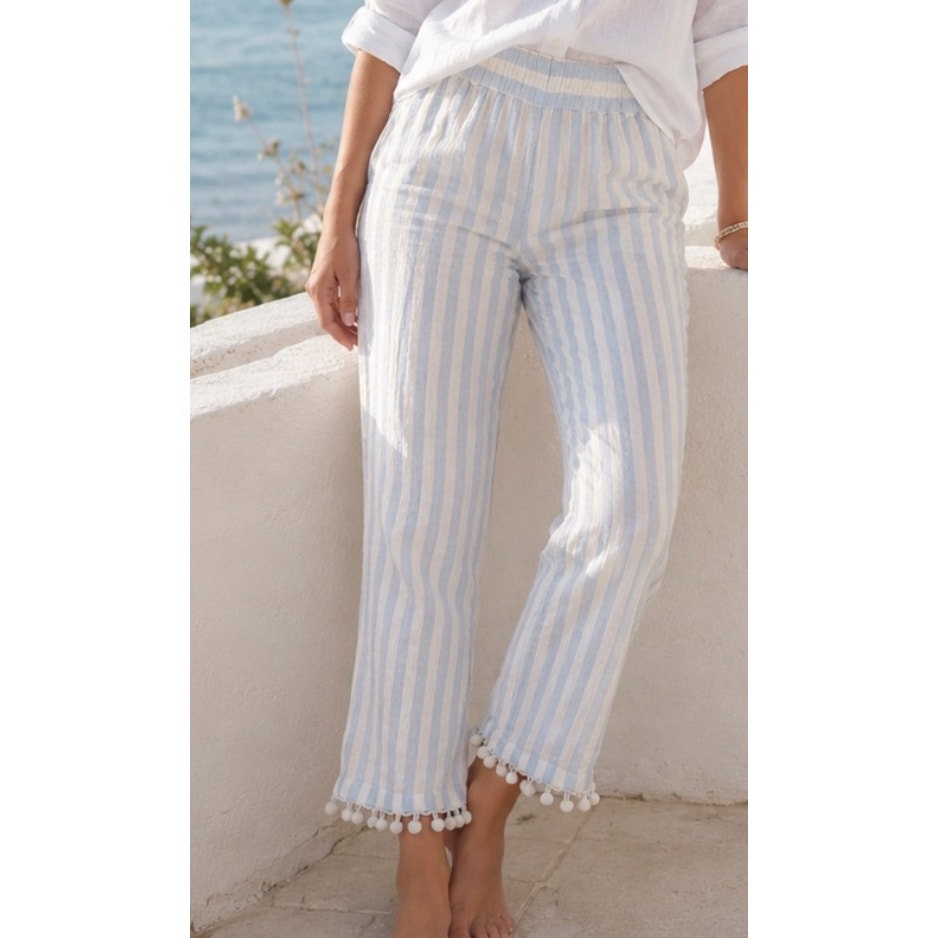 J. Crew 100% Cotton Striped Pompom Hem Cropped Pants Blue White Small