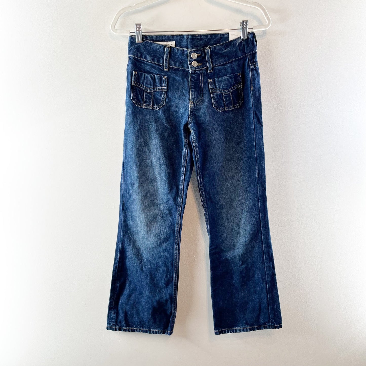 Zara Low Rise Patch Pocket Dark Wash Denim Flare Jeans Blue 0