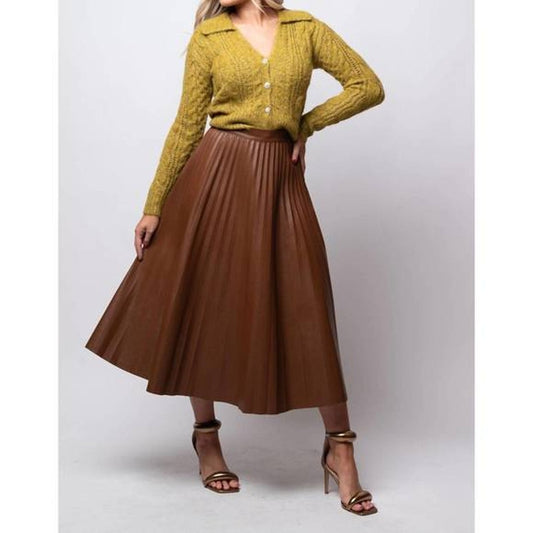 Q2 Faux Leather Pull On High Waisted Pleated A-Line Midi Skirt Brown Small Med