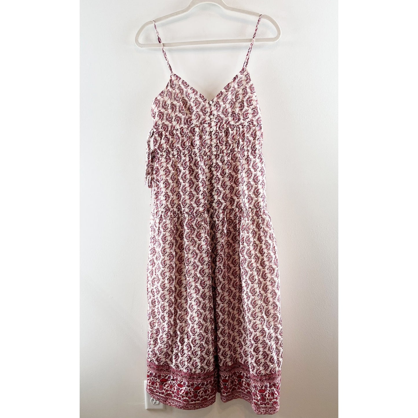 American Eagle Outfitters Sleeveless V-Neck Side Tie Tiered Midi Dress Berry S