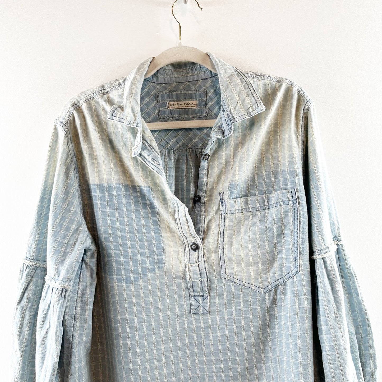 Free People Glacier Bay Denim Check Buttondown Shirt Blue Small