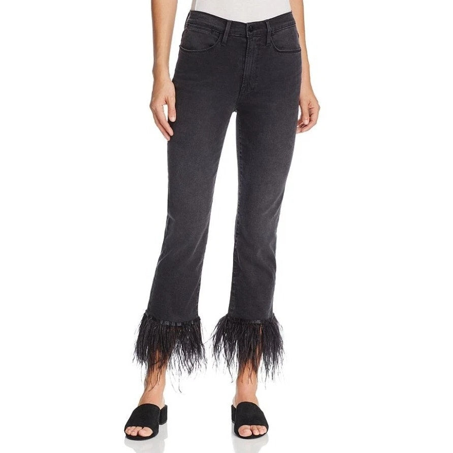 Frame Denim Le High Straight Feather Hem Cropped Jeans Ludlow Black 26 / 2