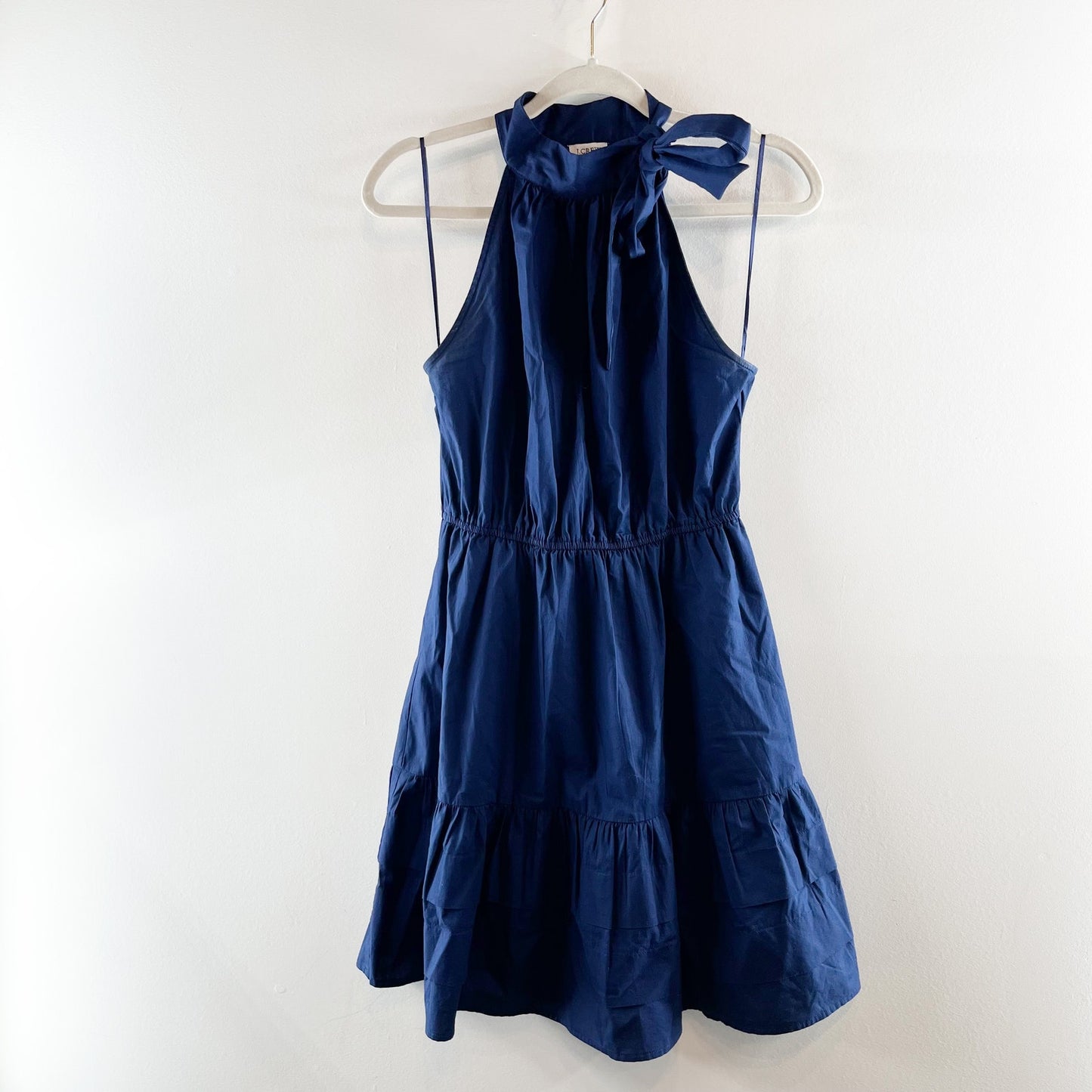 J. Crew Cotton Poplin Tie Halter Neck Fit and Flare Mini Dress Navy Blue 4