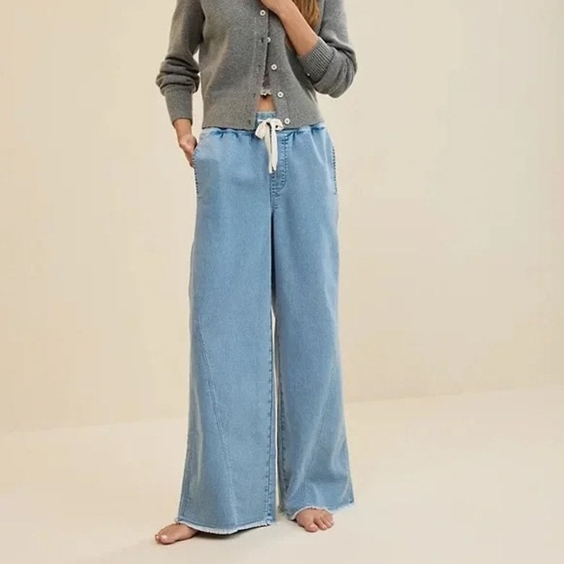 Aerie Soft Landing Pull On Mid Rise Wide Leg Trouser Jeans Light Wash Blue XS