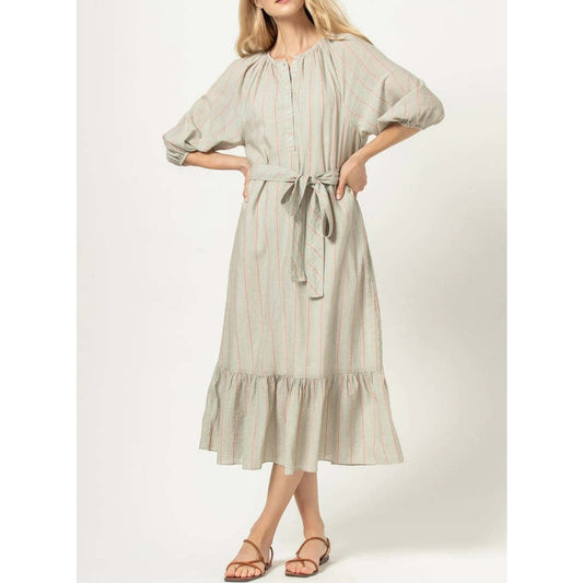 Lilla P Easy Elbow Sleeve Cotton Striped Midi Dress Papaya Stripe Small