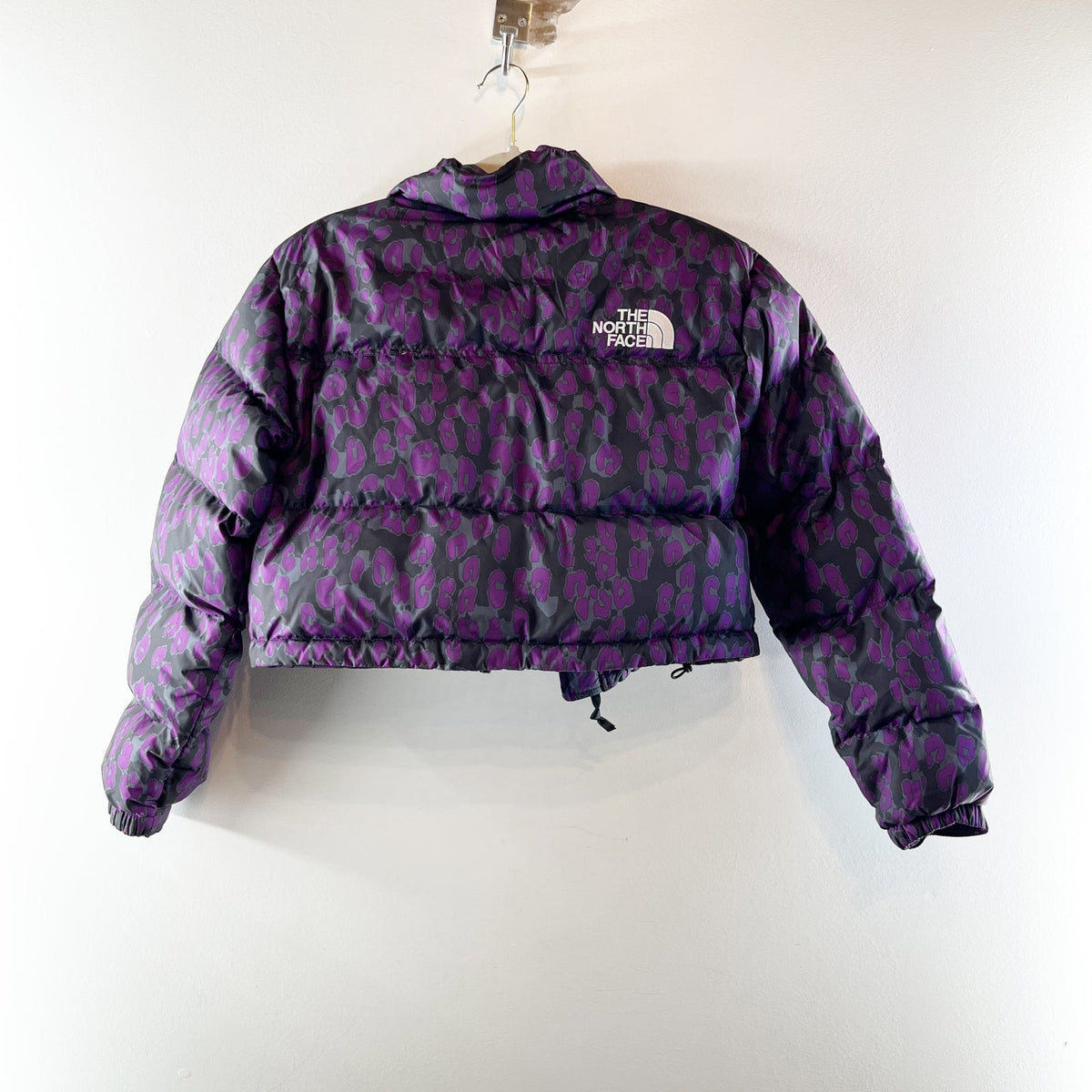 The North Face Purple Leopard Nuptse Cropped Puffer Jacket Small