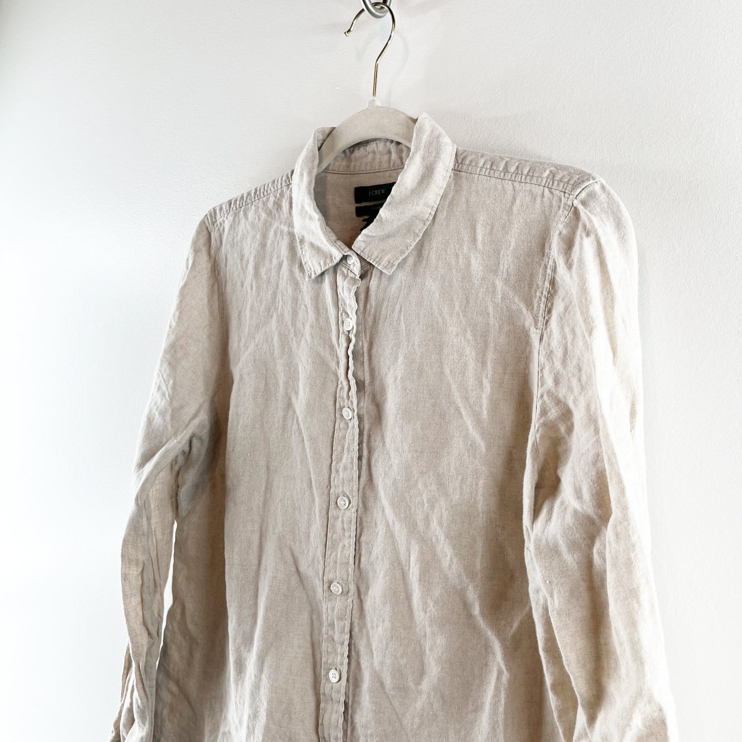 J. Crew Perfect 100% Linen Long Sleeve Collared Button-Up Shirt Beige 12 Petite