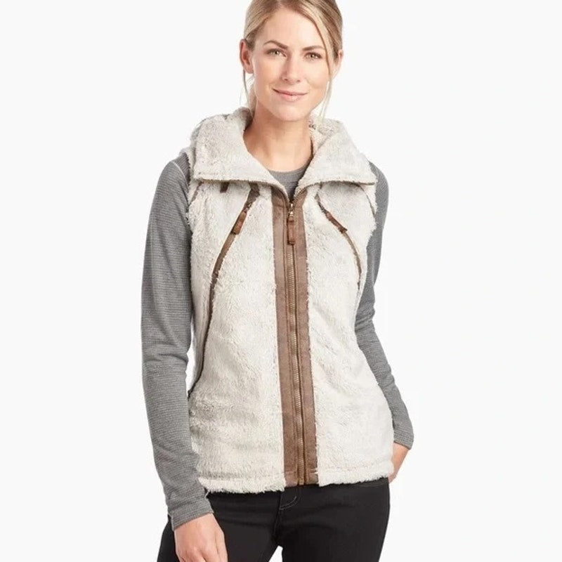 Kuhl Fleece Flight Full Zip Hooded Vest Cream Brown Small