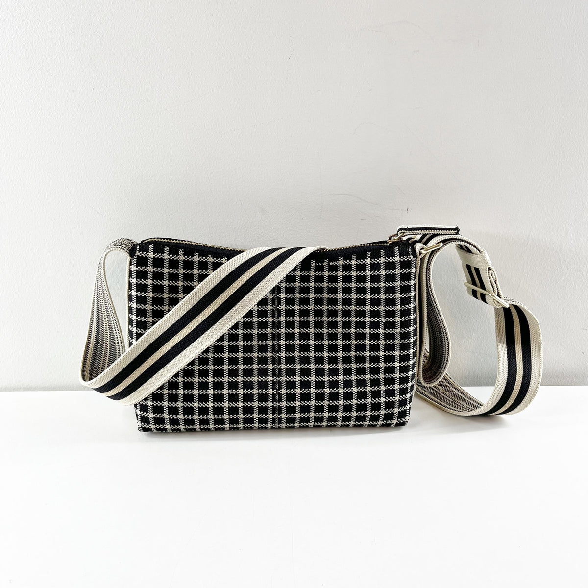 Rothy's The Casual Crossbody Bag Purse Black with Ivory Grid Print