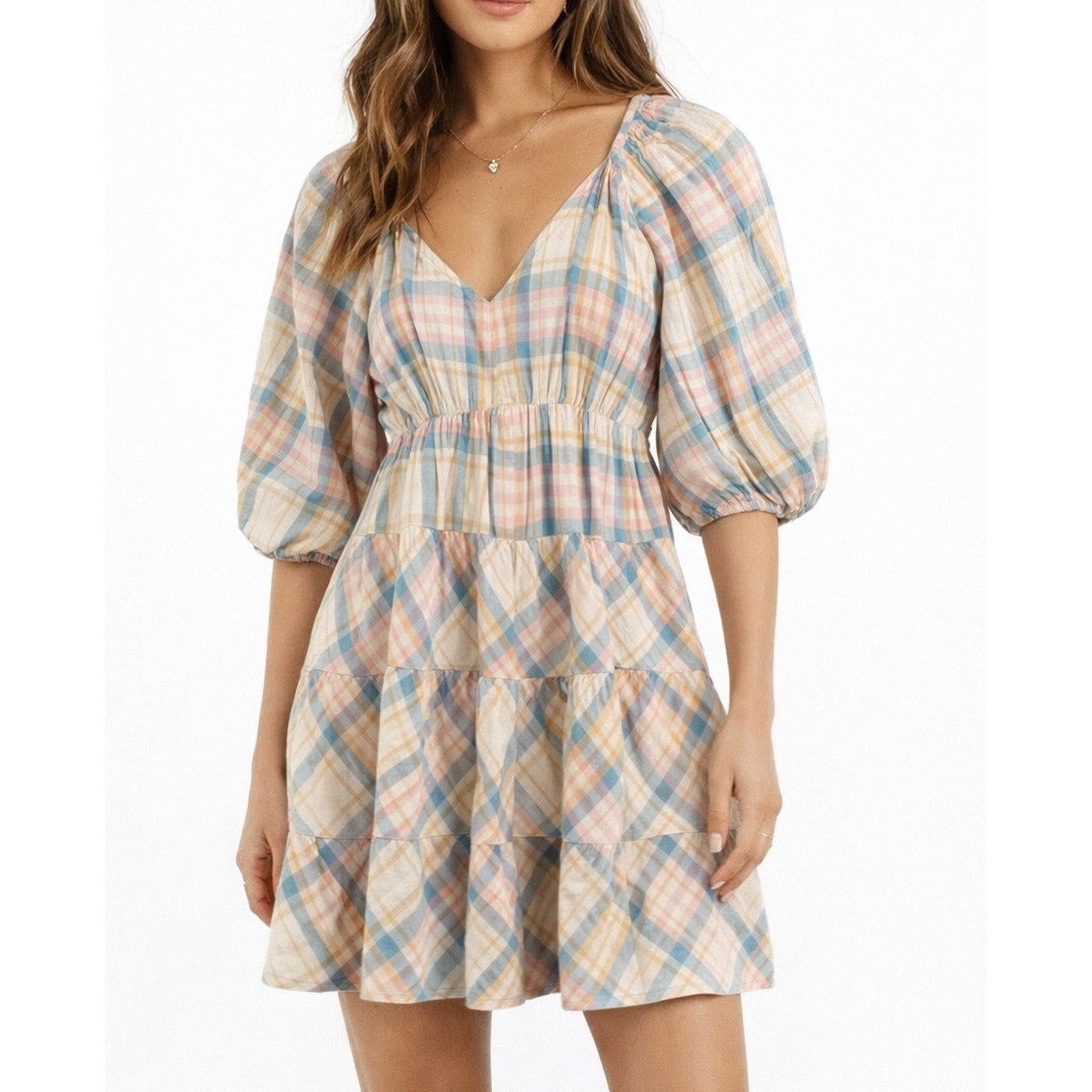 Drew Anthropologie Cotton Plaid Short Puff Sleeve Babydoll Mini Dress Yellow M