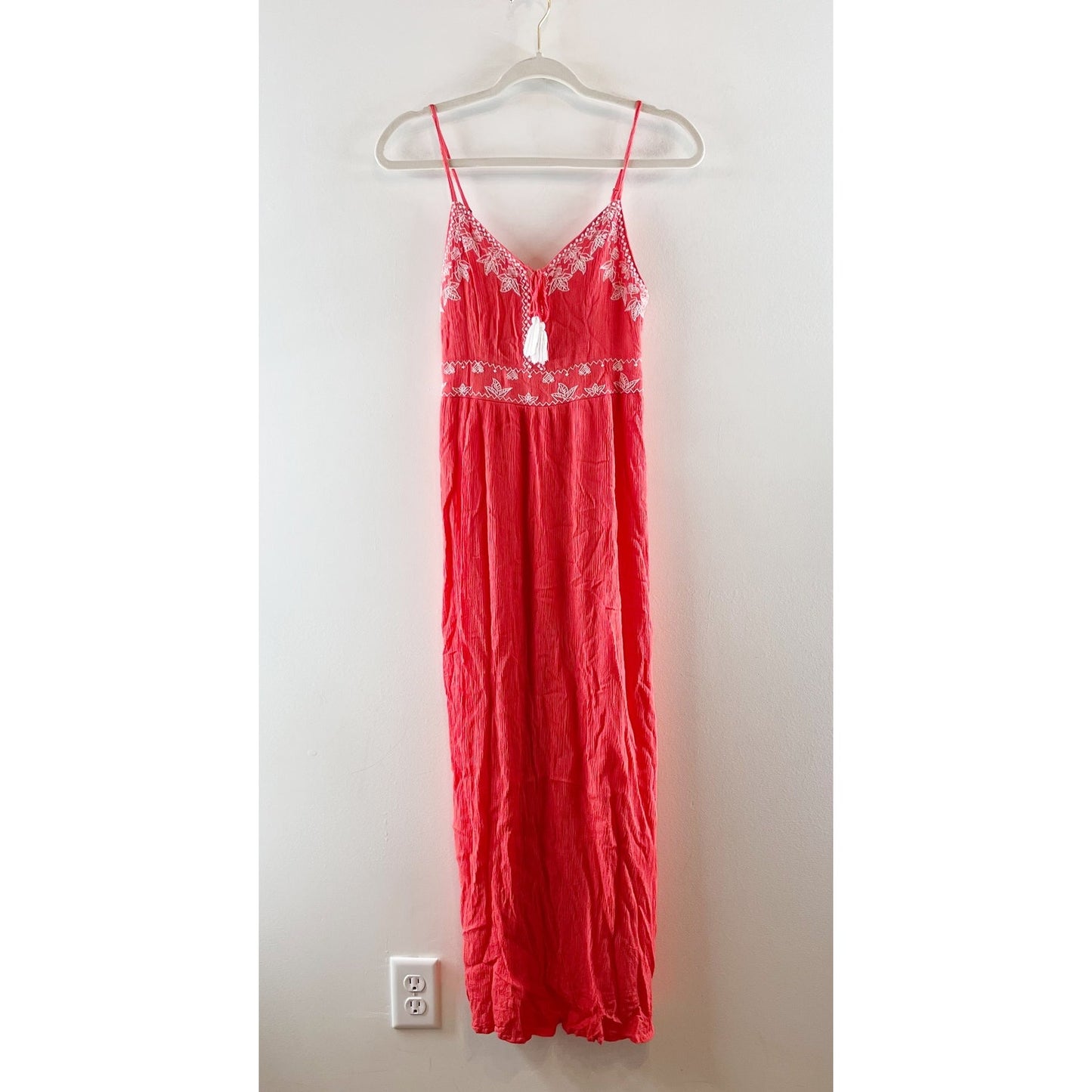 Japna Embroidered Tassel Tie Front Maxi Dress Coral Red Medium