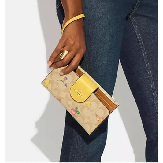 Coach Phone Wallet Wristlet Signature Canvas C Dreamy Veggie Print Yellow Tan