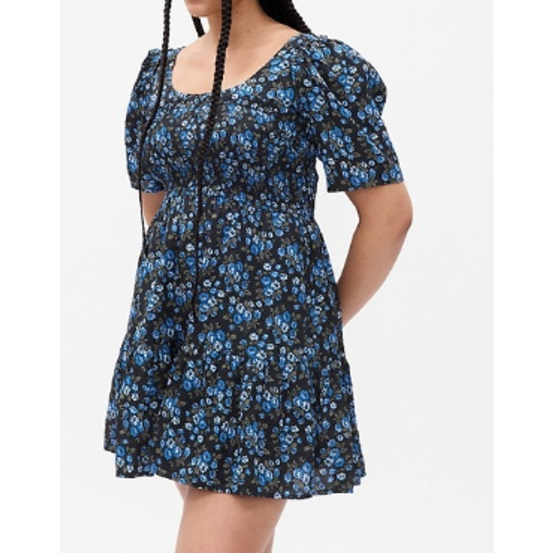 GAP Scoopneck Short Puff Sleeve Floral Smocked Mini Dress Black Blue Small Tall