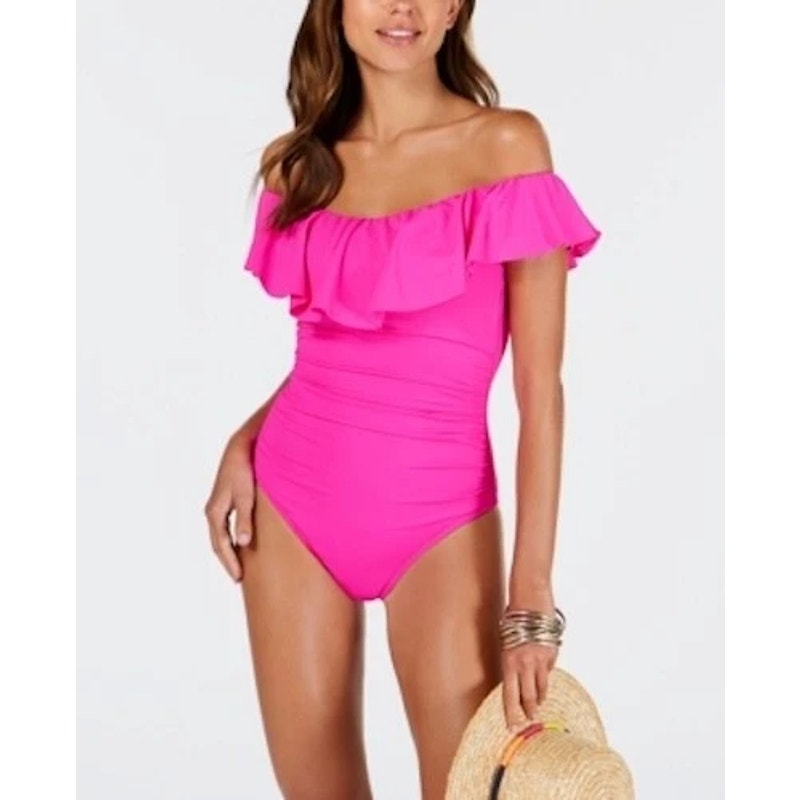 La Blanca Island Goddess Ruffle Off-Shoulder One Piece Swimsuit Hot Pink 6