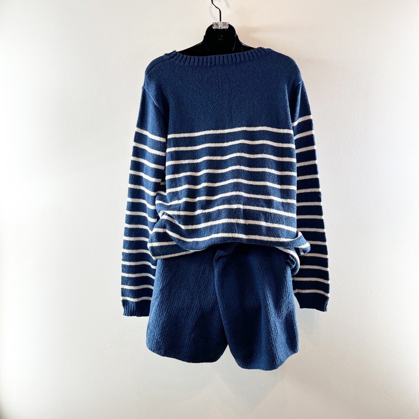 MeroKeety Striped Long Sleeve Crewneck Sweater and Shorts Matching Set Blue XL