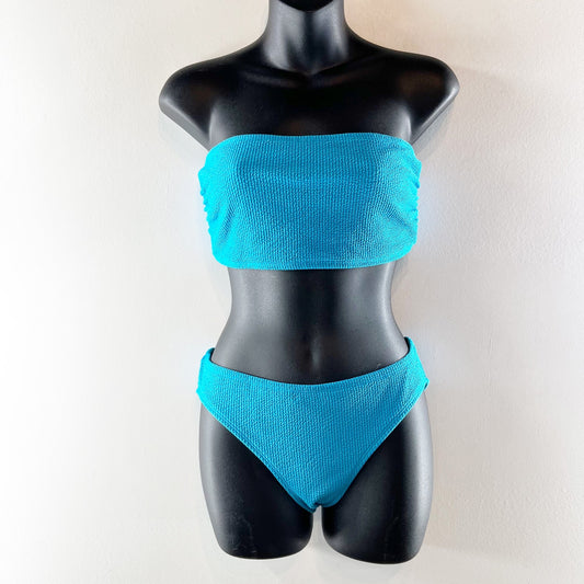 Michael Kors Strapless Bandeau Two PIece Ribbed Bikini Set Turquoise Blue Large
