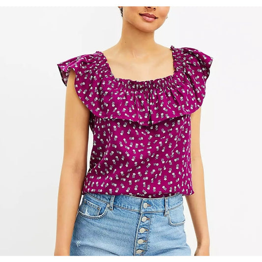 Loft Floral Print Linen-Blend Layered Ruffle Off-The-Shoulder Top Violet Medium