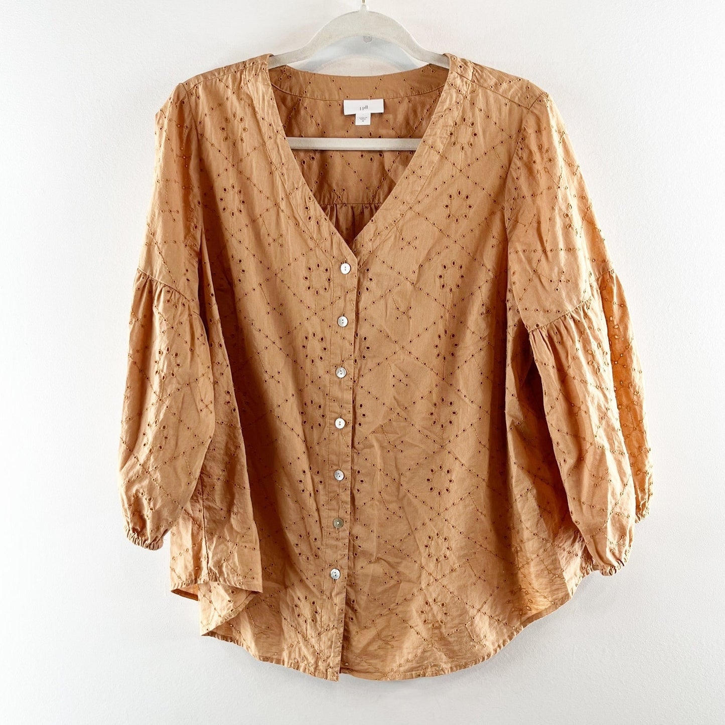 J. Jill Cotton Eyelet Button Up Blouse Top Tan Beige Medium