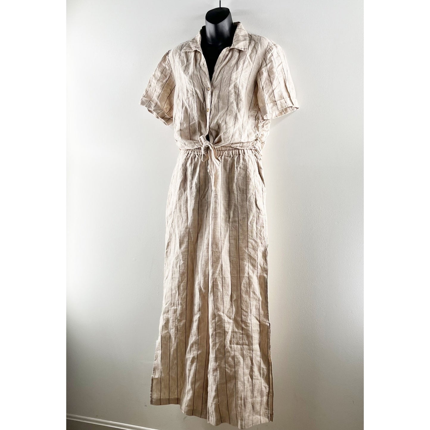 Sanctuary Short Sleeve Button Up Crop Top Wide Leg Linen Pants Set Tan Beige XS