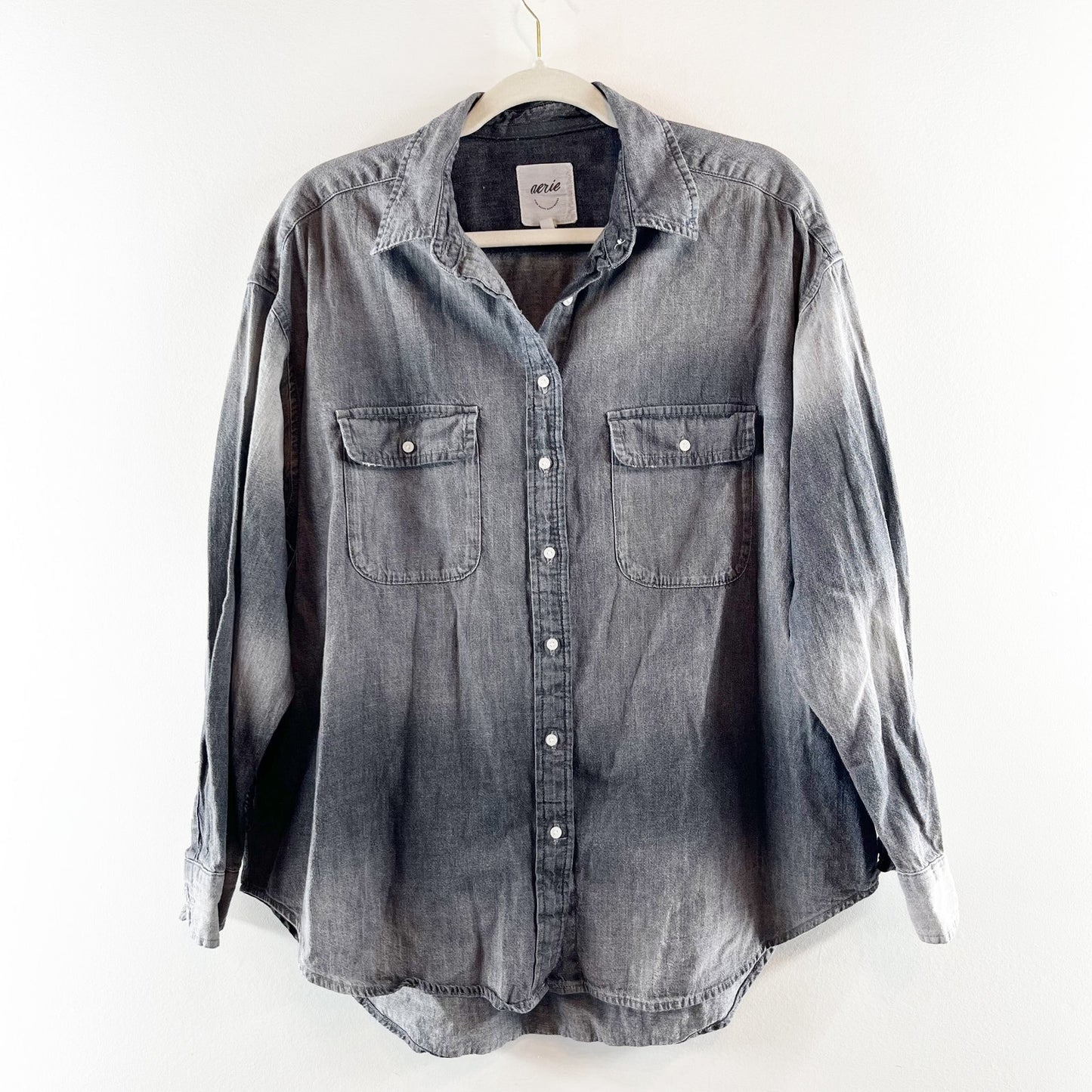 Aerie Denim Oversized Button Down Shirt Top Gray Black Ombre XS