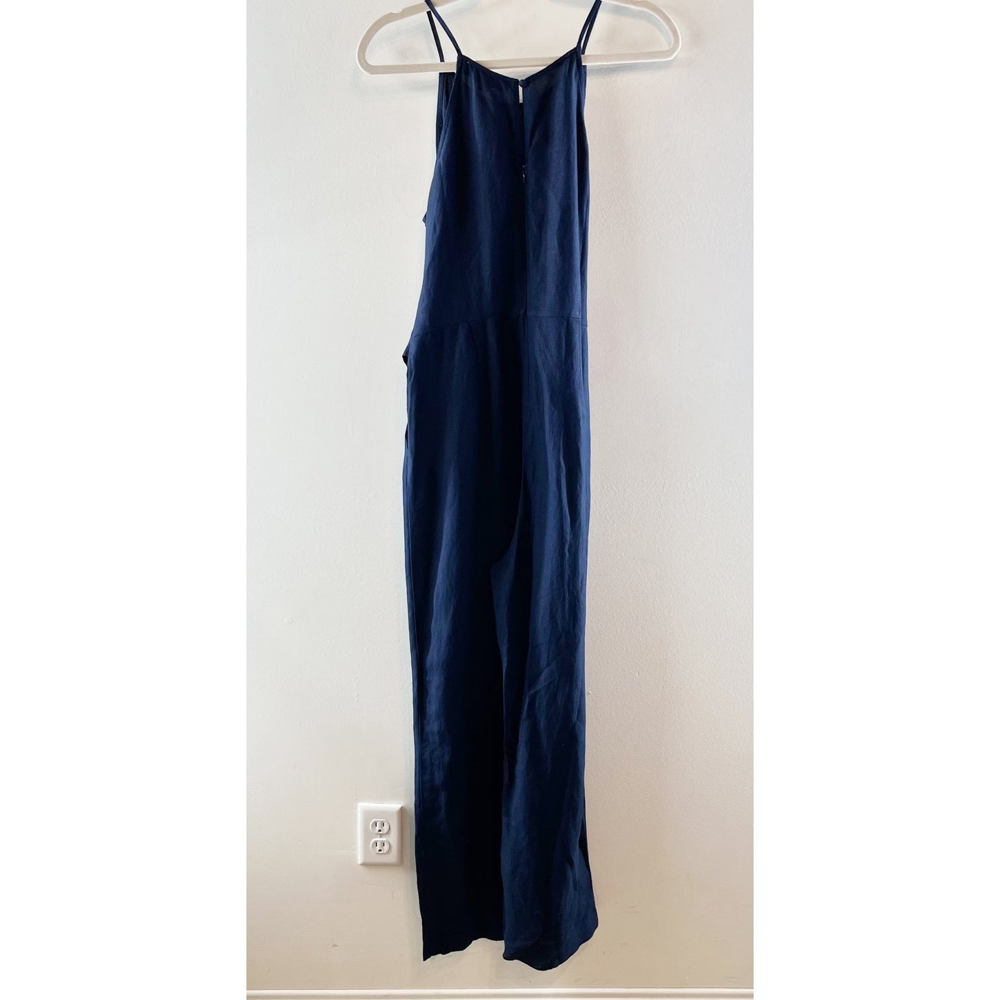 LOFT Square High Neck Tie Waist Linen Blend Wide Leg Jumpsuit Navy Blue 6
