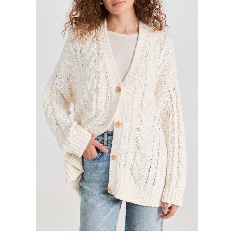 Jenni Kayne Wool & Alpaca Cable Knit Cocoon V Neck Cardigan Sweater Ivory XS