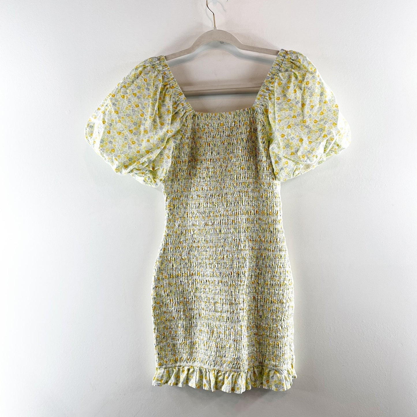 English Factory Smocked Puff-Sleeve Floral Cotton Mini Dress Yellow XS