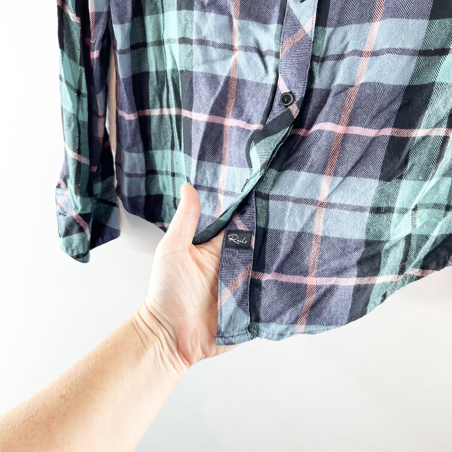 Rails Hunter Plaid Button Up Long Sleeve Shirt Teal Navy Blue Pink Small