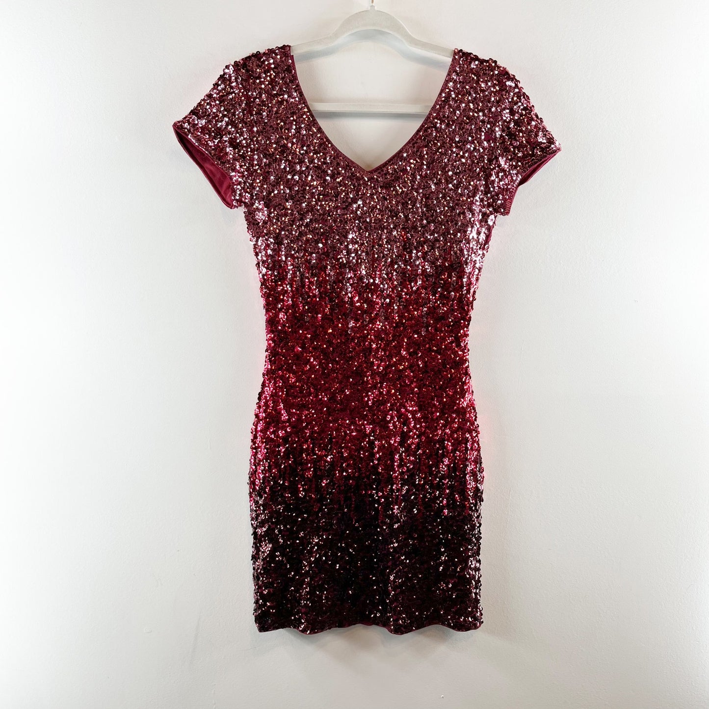 Maner Ombre Sequin Short Sleeve Bodycon Mini Dress Pink Red Black Small