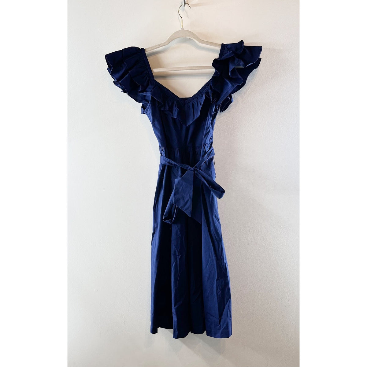 Hill House The Ava Ruffle Strap Belted Tie Waist Midi Dress Navy Blue XS