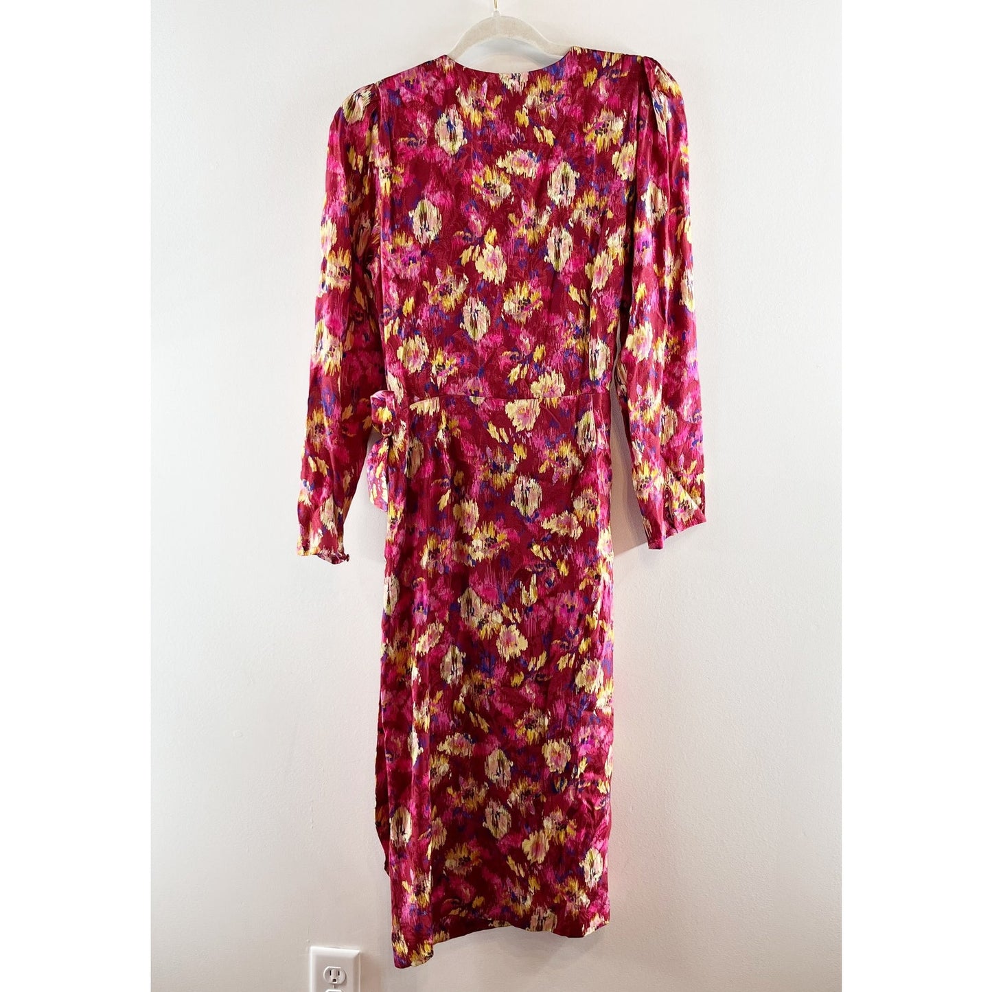 Sezane Long Sleeve V Neck Floral Wrap Midi Dress Pink Red 38 / US 6