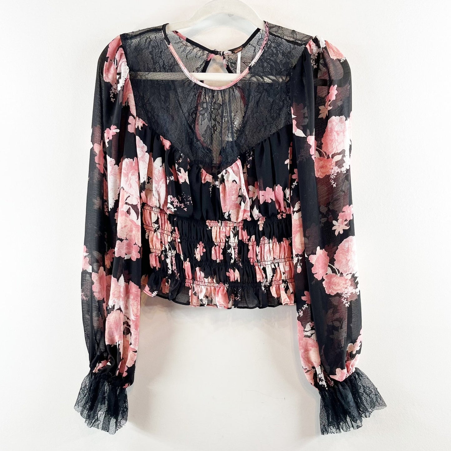 Free People Daphne Floral Long Sleeve Blouse Pink Black Medium