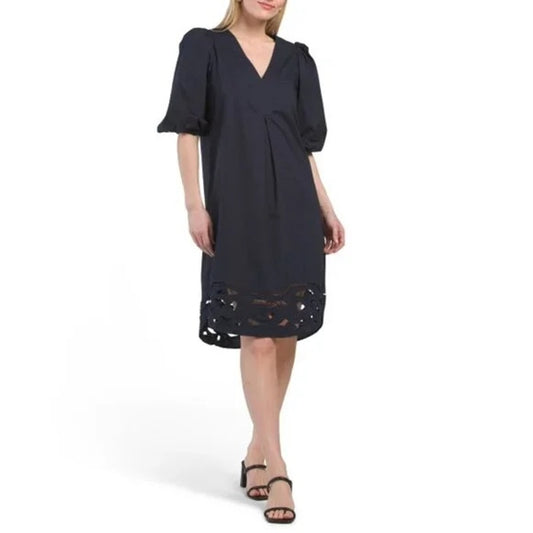 ForCynthia Puff Sleeve V Neck Tunic Cotton Poplin Mini Dress Navy Blue Large