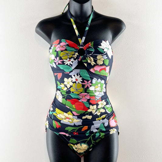 Kate Spade Drawstring Tie Front Bandeau One Piece Swimsuit Flower Bed Small