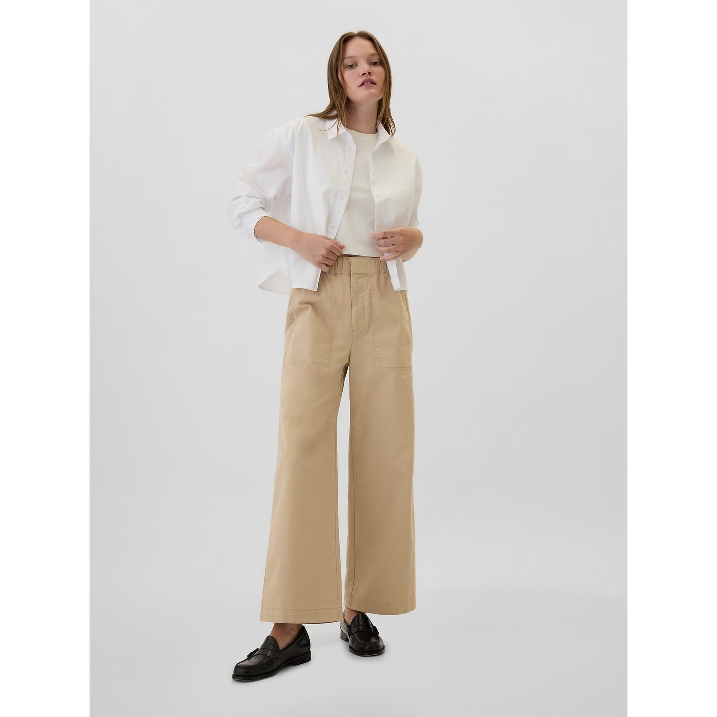 GAP Easy High Rise Wide Leg Trouser Pants Khaki Tan Large Petite